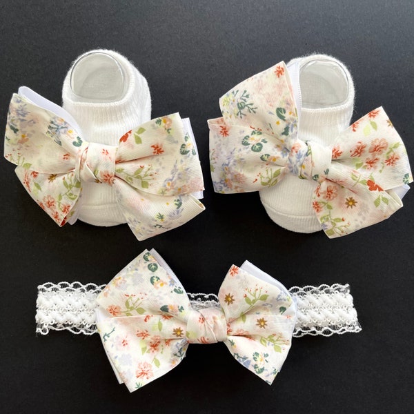 White Pink Floral Liberty of London Print Baby Girl Christening Socks and Bow Headband 100% Cotton 0-6 months Gift Newborn