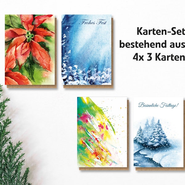 Weihnachtskartenset "4x3 Stück" auf Naturpapier mit Kraftpapierhülle - Weihnachtskarte, Weihnachtsgrüße, Künstlerisch, Weihnachtsgrußkarte