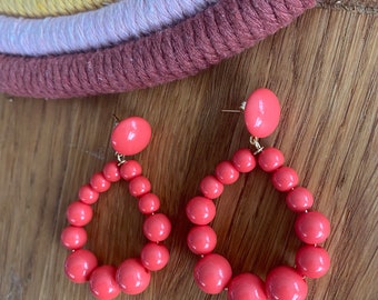 Sézane Style Creole Earrings in Coral Orange Resin Beads Handmade Vintage