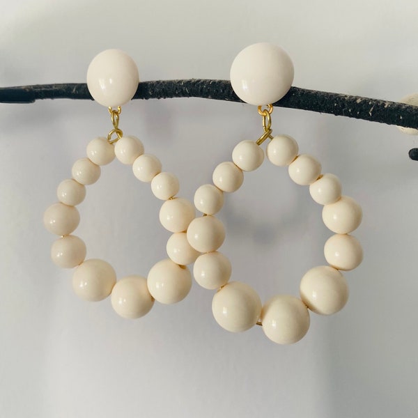 Sézane Style Creole Earrings in Ivory White Resin Beads Handmade Vintage