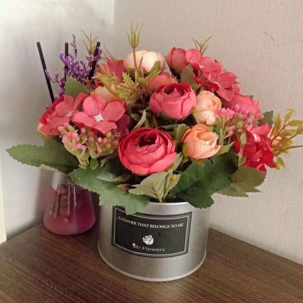 Artificial Flowers with Metal Pot Bouquet | Red Artificial Flower | Wedding/Home Decoration | Gifts - Multi-color