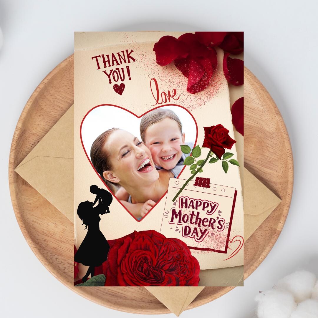 Mother’s Day Card Template, Editable Canva Design, Heart Photo Frame ...