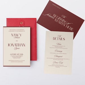 Luxury Old Money Wedding Invitation Suite | Elegant Burgundy & Cream Wedding Template | Classic Formal Wedding Invite | (Canva Editable)