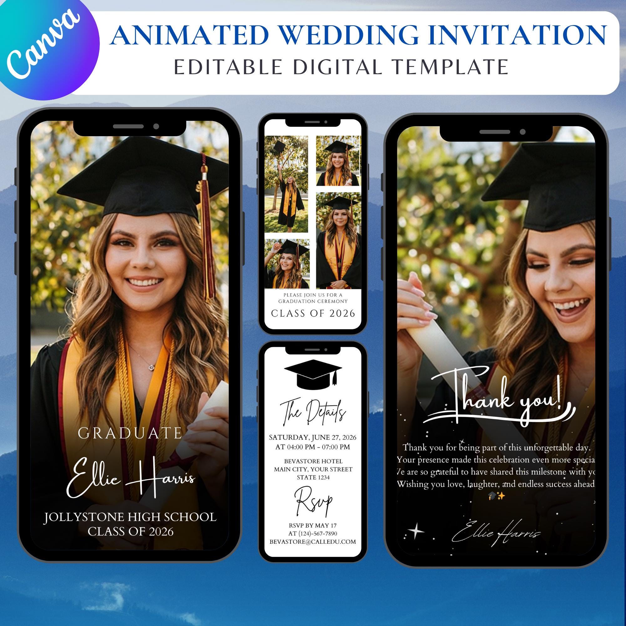 Animated Graduation Invitation Template Mobile Editable Canva ...