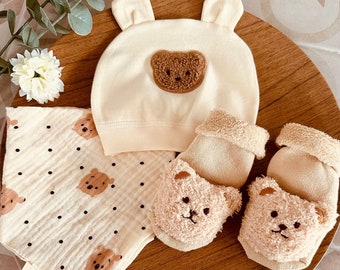 Set Mütze, Musselintuch und Stoppersocken / Geschenk Geburt / Babygeschenk