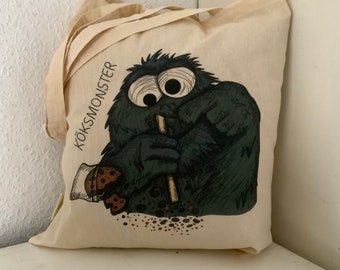 Köksmonster Beutel - Bio Baumwolltasche naturfarben Langhenkel Tragetasche Cookie Cookiemonster Krümelmonster Kekse Salzwassertinte Design