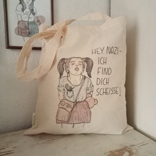 Hey Nazi ich find dich sch... Beutel - Baumwolltasche naturfarben Langhenkel Tragetasche FCK NZS Statement Salzwassertinte Design