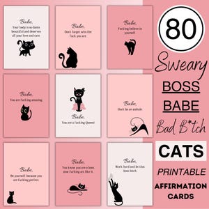 Cartões de Afirmações de Xingamentos para Garotas Chefes e Cadelas Duronas, Lindos Cartões de Afirmação Rosa para Imprimir com Gatos Pretos