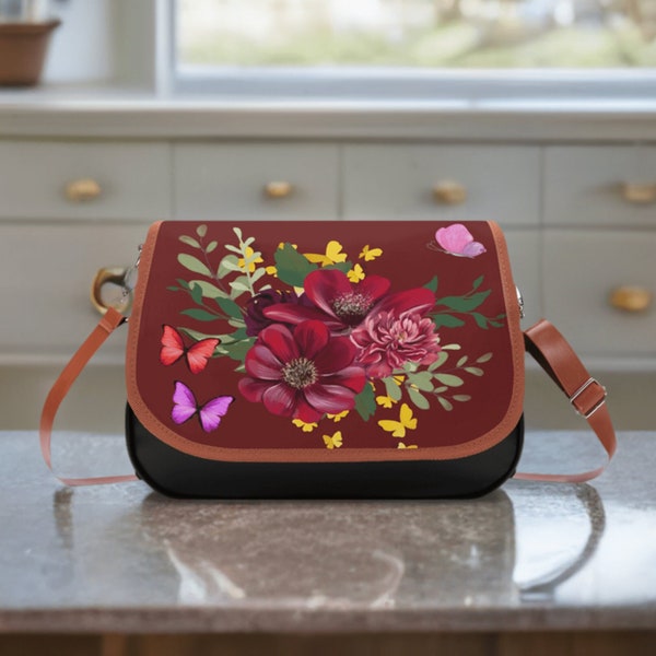 Burgundy Leather Shoulder Bag - Classic Bouquet Design for a Timeless Look