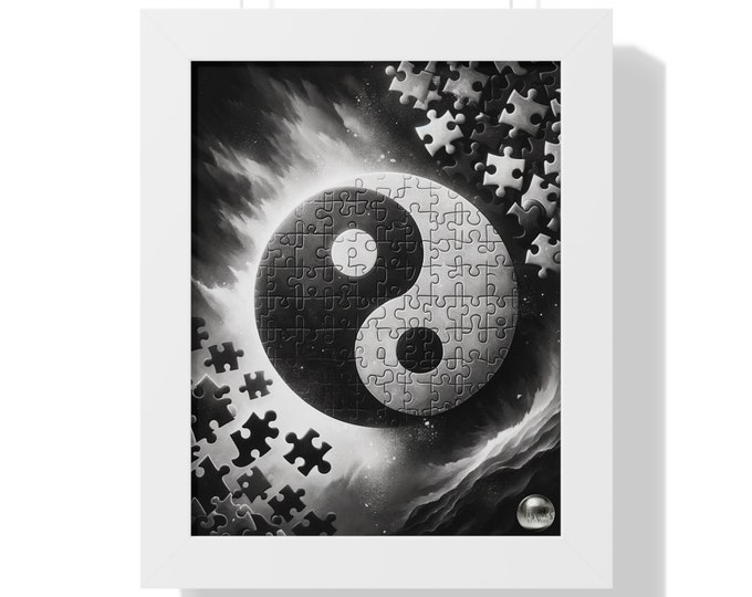 Yin Yang Digital Print Interconnected Puzzle Pieces Vertical Poster - Framed
