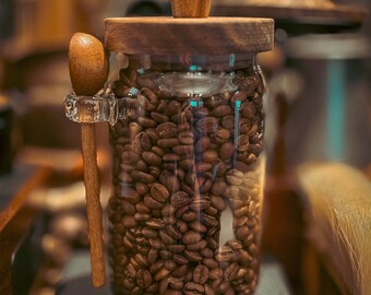 Pot à grains de café avec cuillère,pot de conservation des aliments de cuisine,pot à sucre rond en verre,pot en verre avec couvercle en bois hermétique