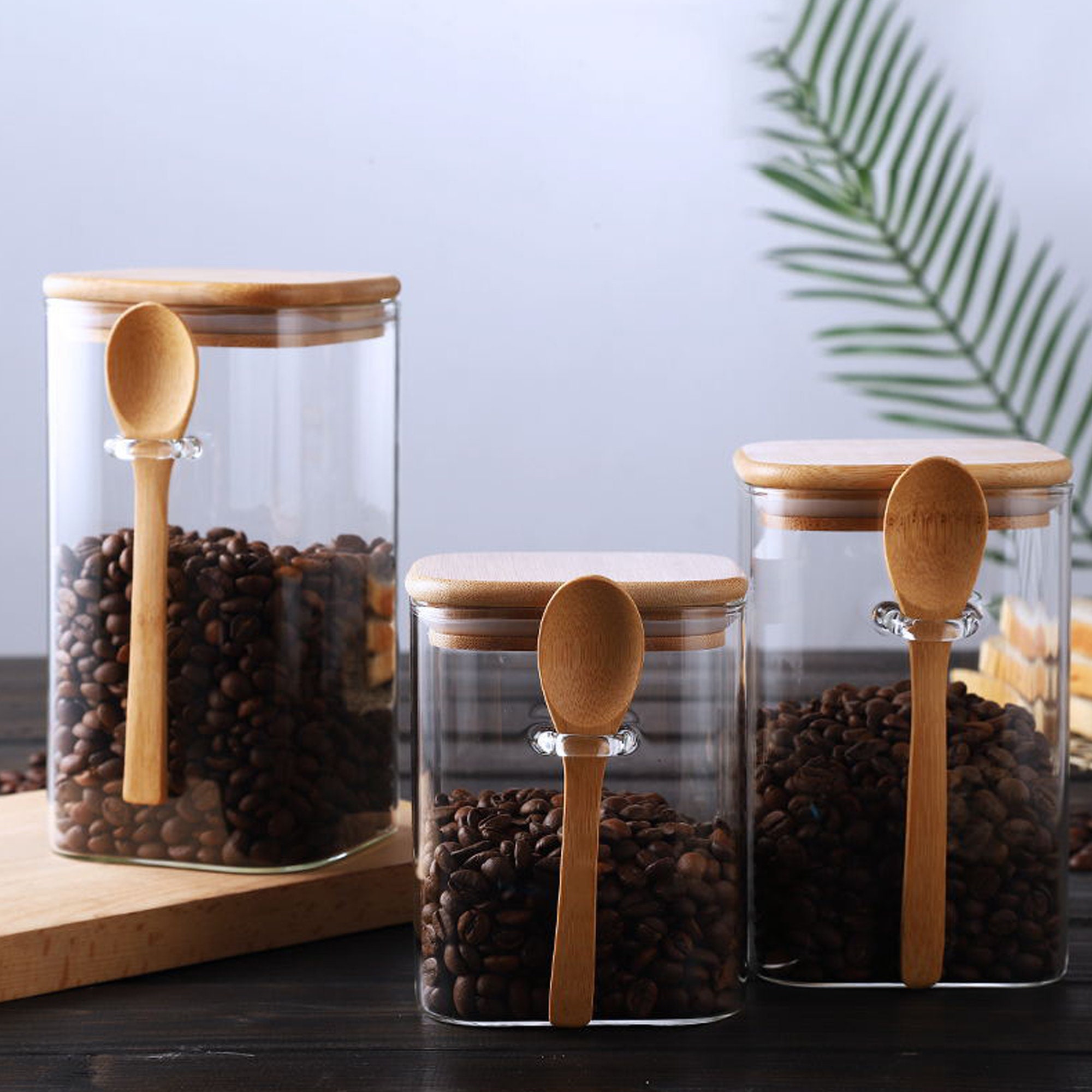 SALE RIO Square Glass Spice Jars With Natural Acacia Wood Lids