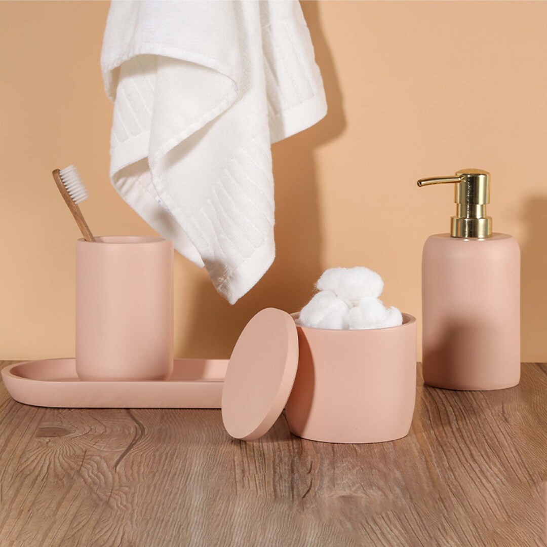 Bathroom Bottle Set of 4, Simple Resin Lotion Bottle, Pink Toothbrush ...