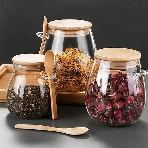 Airtight Glass Jars with Bamboo Lids & Bamboo Spoons - Decorative