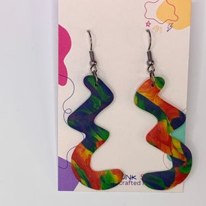 Multicolour Abstract Art Dangle Earrings, Handmade Polymer Clay Jewellery, Muted Colour Rainbow Paint Splash, Unusual Quirky Gift for Her
