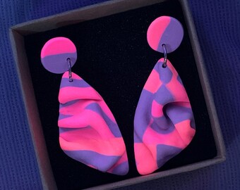 Neon Pink & Purple Dangle Earrings, Handmade Polymer Clay, UV Reactive Rave Jewellery