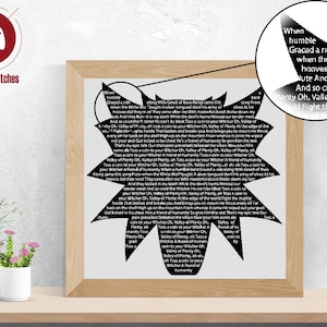 May include: A framed print featuring a stylized black and white design with text from a song. The print is in a wooden frame and includes the text "Gamer In Stitches" in the upper left corner. The print is on a white background.