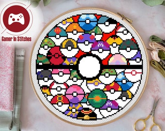 Pokeballs within a Pokeball - Cross Stitch PDF Pattern, Digital Design