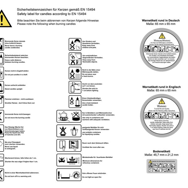 Set of candle warning notices and labels