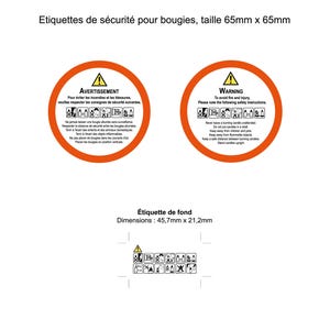 Könnte beinhalten: Zwei runde Warnhinweise für Kerzen, einer auf Französisch und einer auf Englisch. Die Etiketten sind orange mit schwarzem Text und einem gelben Warndreieck. Der Text auf den Etiketten enthält Sicherheitshinweise für die Verwendung von Kerzen. Die Etiketten sind 65 mm x 65 mm groß. Ein kleineres Etikett mit Sicherheitszeichen ist ebenfalls abgebildet. Das Etikett ist 45,7 mm x 21,2 mm groß.