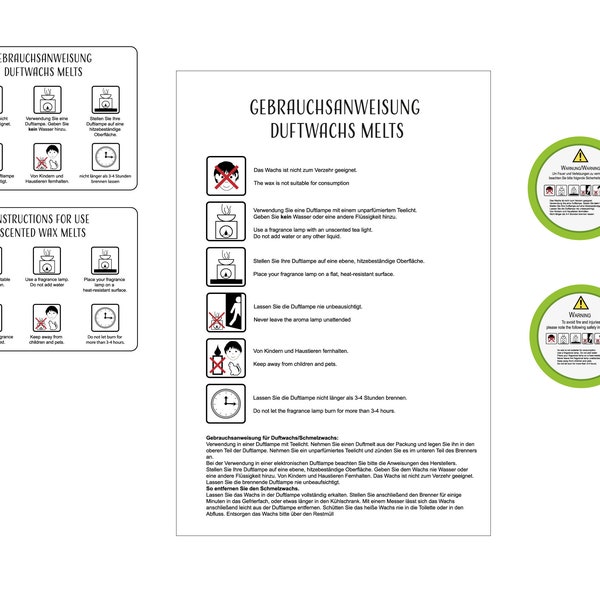 Warnings and instructions for use for melting wax, fragrance melts | freely scalable and editable