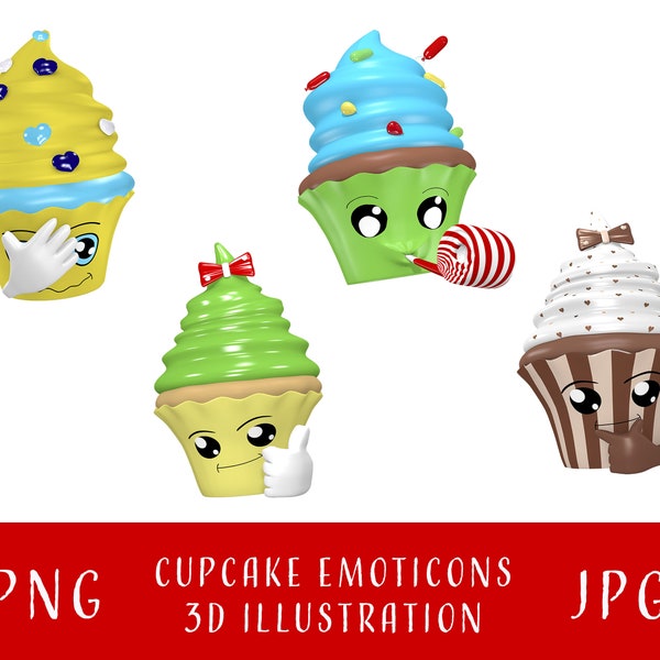 Lustige Cupcakes | Digitaler Download | 3D Illustration von Cupcakes Emoticons