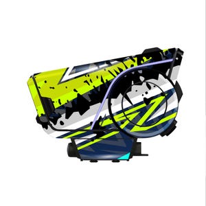 May include: A modern, angular device with a vibrant design. The primary colors are neon green, black, white, and navy blue, with a splash pattern. The device has a circular element and a rectangular base, suggesting a technological or electronic product.