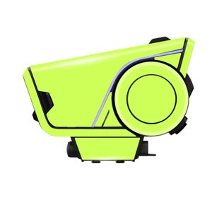 May include: A lime green electronic device with a circular component and black accents. The device has a geometric design with a rounded shape and a flat base. The overall aesthetic is modern and sleek.