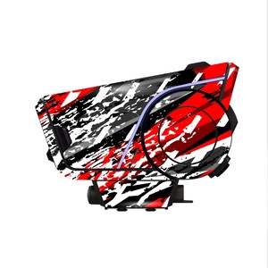 May include: A red, black, white, and gray patterned optic sight. The sight has a curved design with a circular element and a light blue accent. The optic sight is designed for use with firearms.