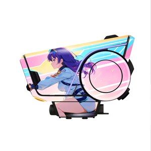 May include: An anime-style illustration of a person in a light blue uniform, seated in a futuristic vehicle. The vehicle has a colorful, gradient design with pink, yellow, and blue hues. The person has purple hair and is looking at a screen.