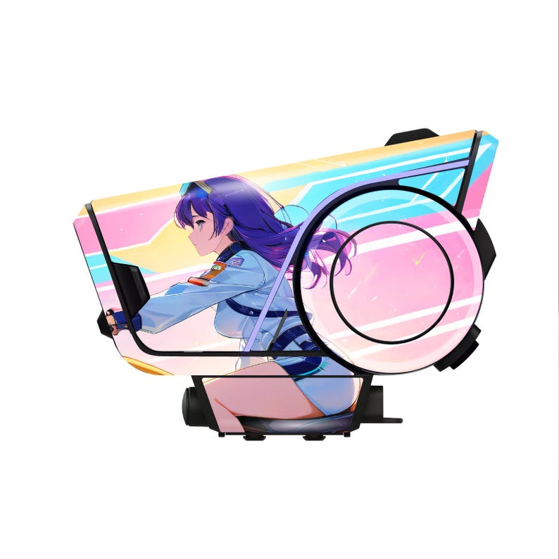 May include: An anime-style illustration of a person in a light blue uniform, seated in a futuristic vehicle. The vehicle has a colorful, gradient design with pink, yellow, and blue hues. The person has purple hair and is looking at a screen.