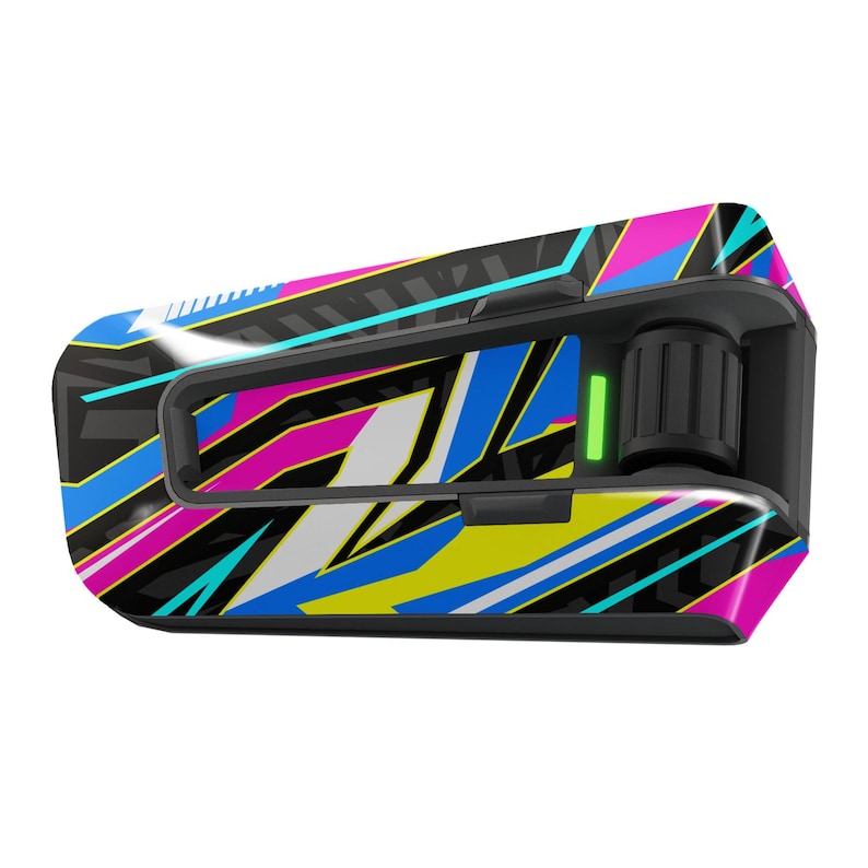 May include: A black motorcycle helmet communication system with a colorful geometric design featuring blue, pink, yellow, and white accents.