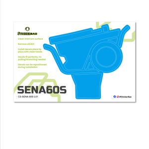 May include: A white rectangular sticker with a blue graphic of a wheelbarrow-like shape. The sticker has the text "SENA60S" and instructions for application, including cleaning the surface and installing the decals. The brand name "StickerBao" is also visible.