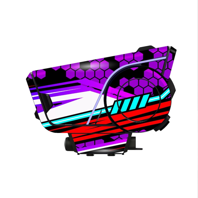 May include: A futuristic device with a vibrant design. The object features a combination of purple, black, white, red, and teal colors. The design includes geometric patterns and lines, creating a dynamic and modern aesthetic. The device has a complex shape with multiple angles and curves.