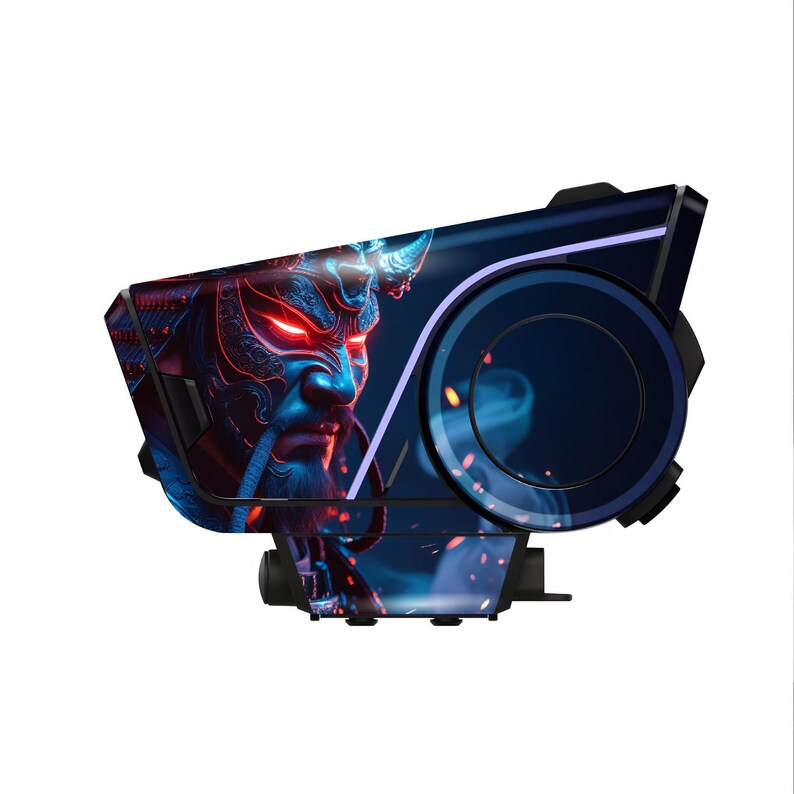 May include: A black and blue electronic device with a striking graphic of a samurai warrior with red eyes. The device has a circular component and a sleek, modern design, with a purple light accent.