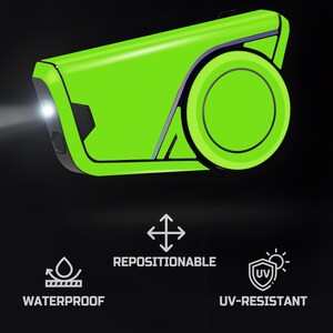 May include: A bright green, futuristic-looking device with a circular component and a light beam emanating from the front. The device is labeled "WATERPROOF", "REPOSITIONABLE", and "UV-RESISTANT".