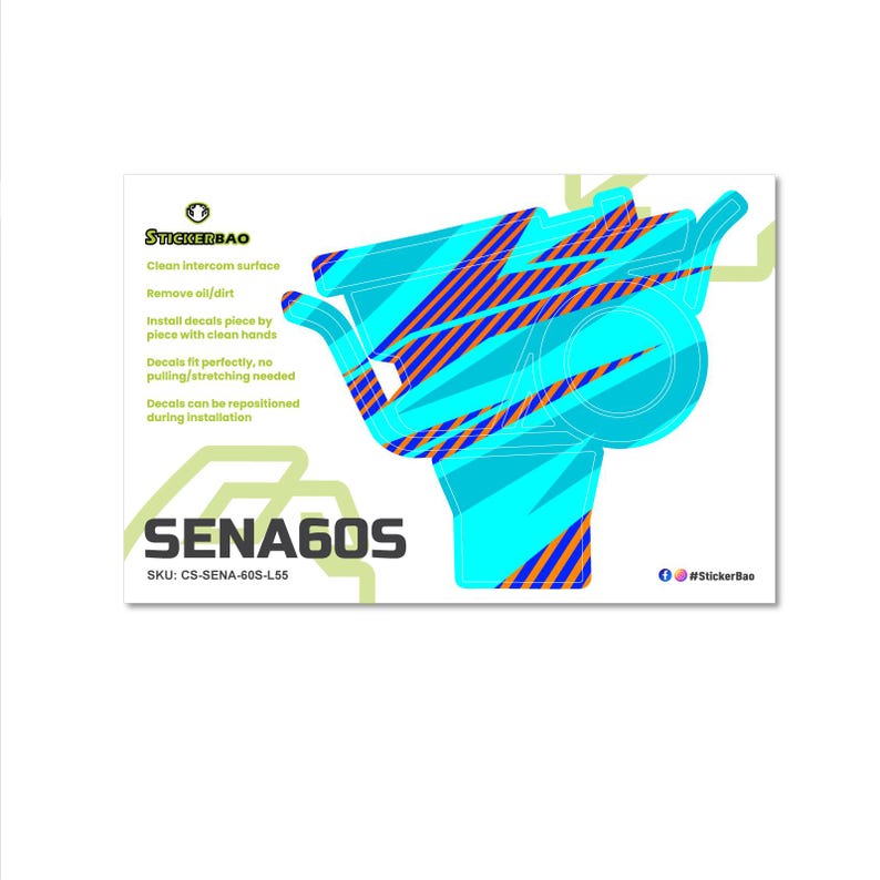 May include: A white sticker with a teal and orange graphic of a communication device. The sticker includes the text "SENA60S" and instructions for application. The brand name "STICKERBAO" is also visible.