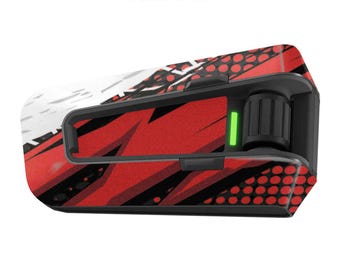 May include: A black and red motorcycle helmet communication device with a white and red graphic design. The device has a green light on the side. Matte.