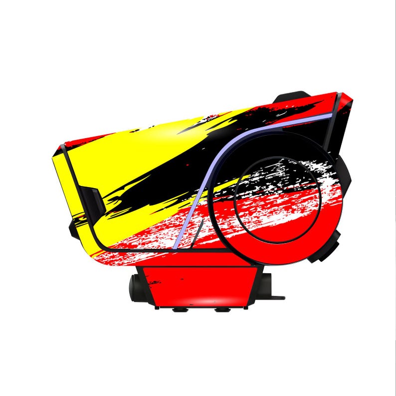 May include: A stylized, angular device with a vibrant design. The primary colors are yellow, black, and red, applied in a brushstroke style. The device has a rounded, circular element and a rectangular base, all set against a white background.