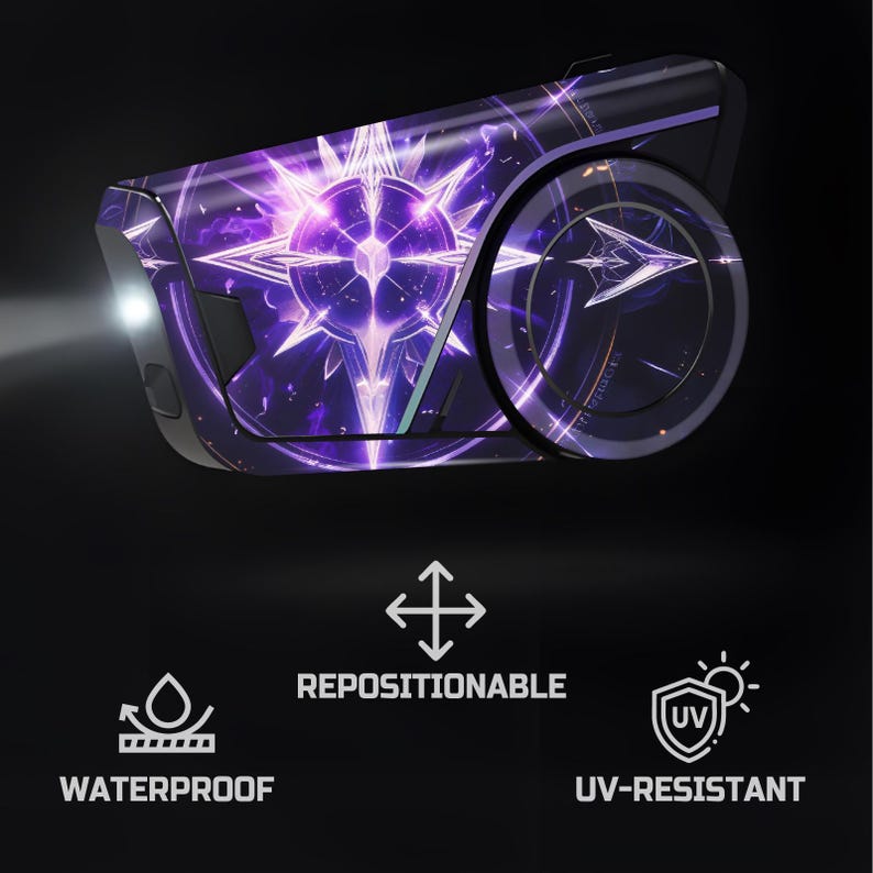 May include: A black and purple device with a bright light. The device has a purple design with a starburst pattern. The image also includes the words "WATERPROOF", "REPOSITIONABLE", and "UV-RESISTANT".