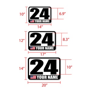 Custom Race Autocross Flag Name Number Stickers Car Door Decals 2 piece. 10 inch  x 14 inch. Number Hight 6.9 inch. 12 inch   x 17 inch. Number Hight 8.3 inch. SCCA Legal. 14 inch x 20 inch. Number Hight 10 inch. NASA / SCCA Legal.