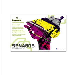 Pu&ograve; includere: Un foglio di adesivi con un design grafico per un interfono Sena 60S. Il design &egrave; un mix di giallo, viola, nero e grigio. Il foglio include le istruzioni e il logo StickerBao. Il testo 'SENA60S' &egrave; ben visibile.