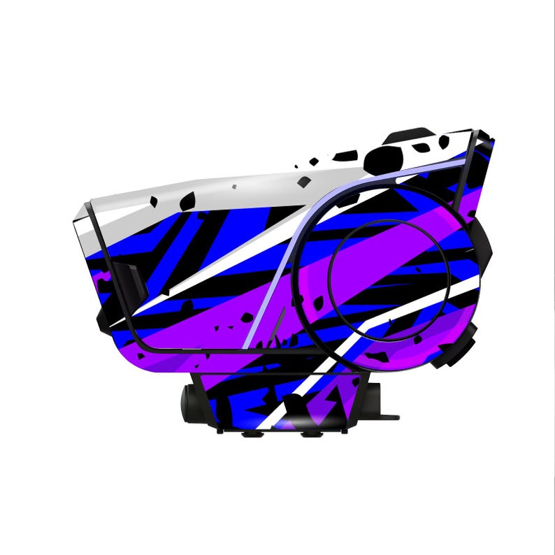 Pu&ograve; includere: Un dispositivo futuristico dal design accattivante. L'oggetto presenta una combinazione di motivi geometrici bianchi, neri, blu e viola. Il dispositivo ha una forma arrotondata con un elemento circolare sul lato e una base rettangolare.