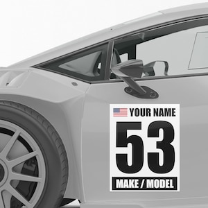 Racing Numbers Sticker Custom Autocross Vinyl Magnet Decal Name Make Model Flag 2 pieces Black Words White Background 12&quot; x 15&quot; inch