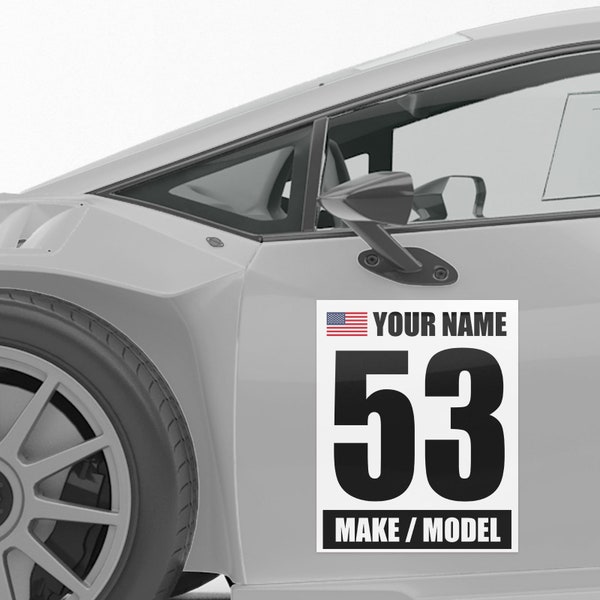 Sticker numéros de course personnalisé Autocross vinyle aimant autocollant nom marque modèle drapeau 2 pièces mots noirs sur fond blanc 12 "x 15" pouces