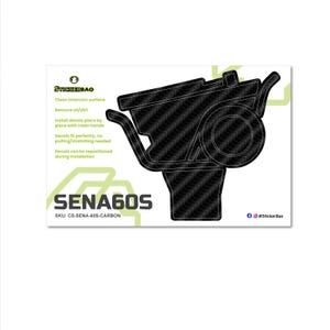 May include: A black carbon fiber textured decal for a Sena 60S intercom system. The decal is in the shape of the intercom and includes the text "SENA60S" and "STICKERBAO". The decal is designed to fit perfectly and can be repositioned during installation.