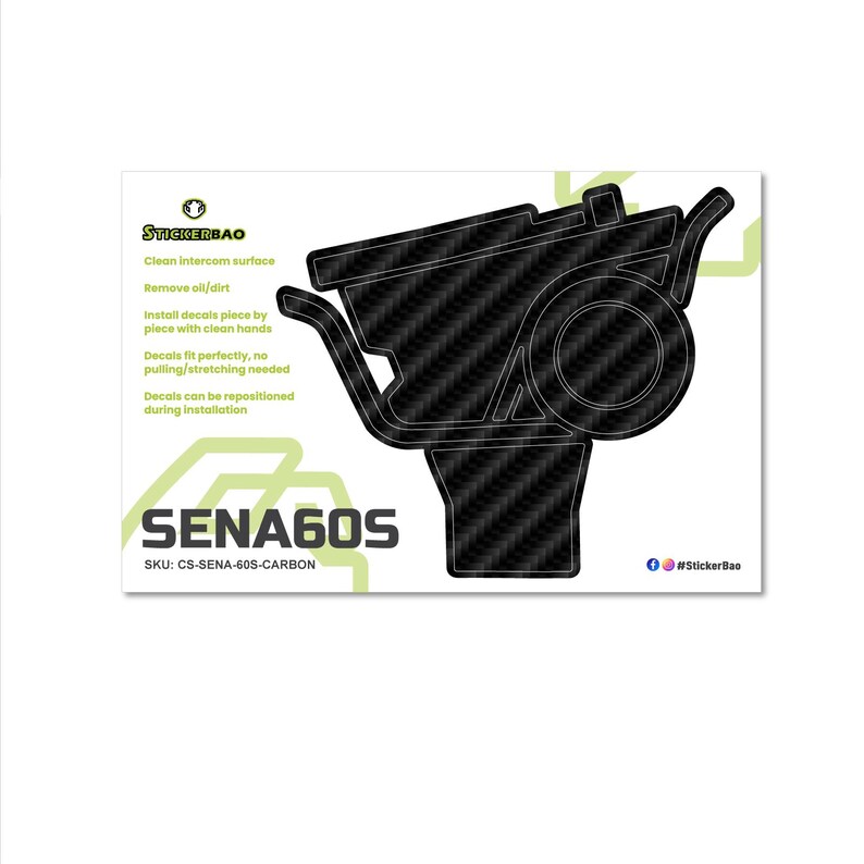 May include: A black carbon fiber textured decal for a Sena 60S intercom system. The decal is in the shape of the intercom and includes the text "SENA60S" and "STICKERBAO". The decal is designed to fit perfectly and can be repositioned during installation.