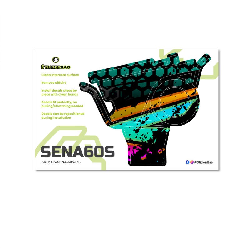 May include: A sticker featuring a stylized graphic of a Sena 60S intercom device. The design incorporates black, teal, orange, and pink colors with a honeycomb pattern. The sticker includes the text "SENA60S" and instructions for application.