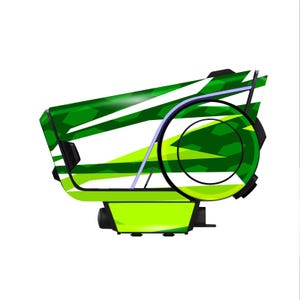 May include: A green and white optic sight with a geometric pattern. The sight has a circular lens and a rectangular base. The design incorporates shades of green and white, with a black accent.