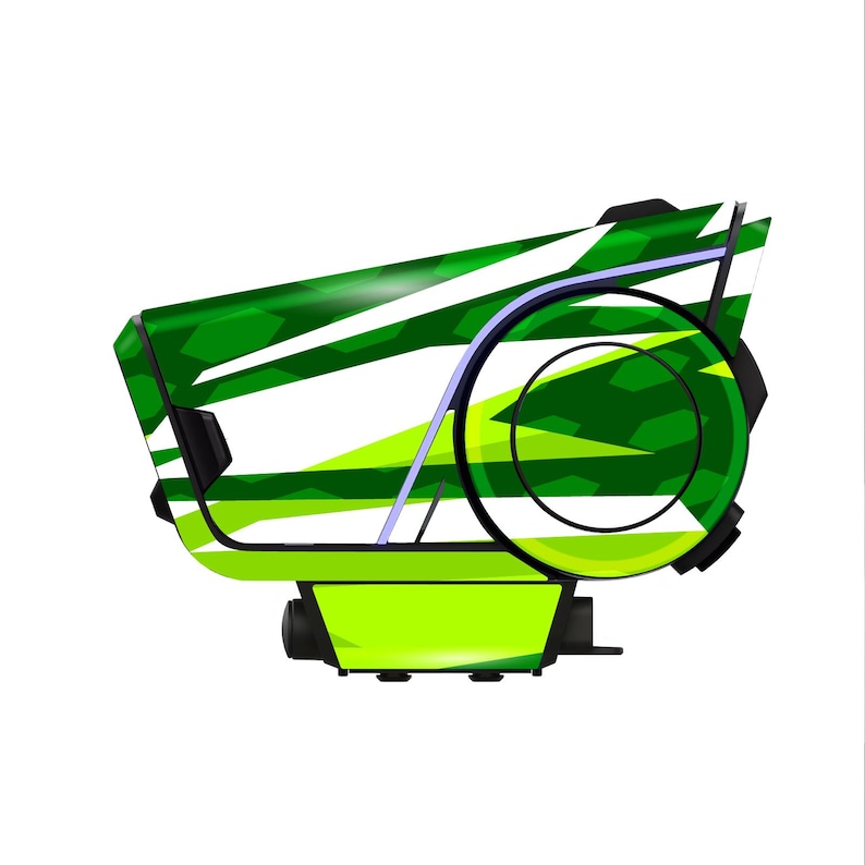 May include: A green and white optic sight with a geometric pattern. The sight has a circular lens and a rectangular base. The design incorporates shades of green and white, with a black accent.